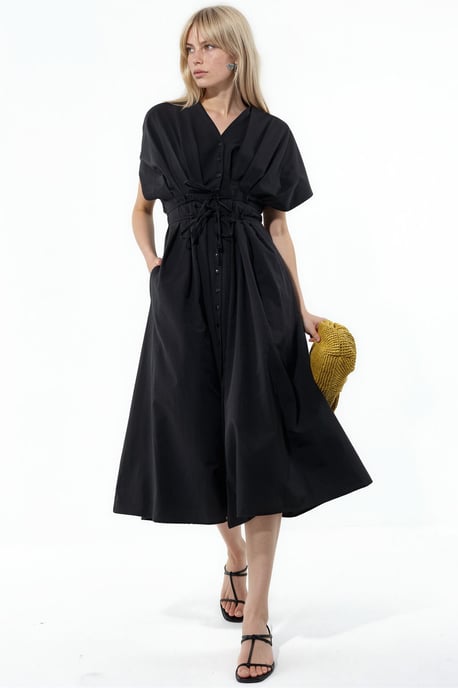 Casual V-Neck Midi Shirt Dress - Image 1