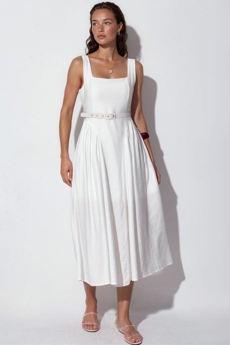 Square Collar Belted Midi Dress - Image 1