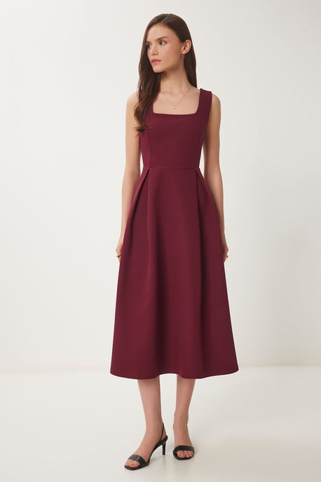 Square Collar A-Form Midi Dress with Zipper Closure - Image 1