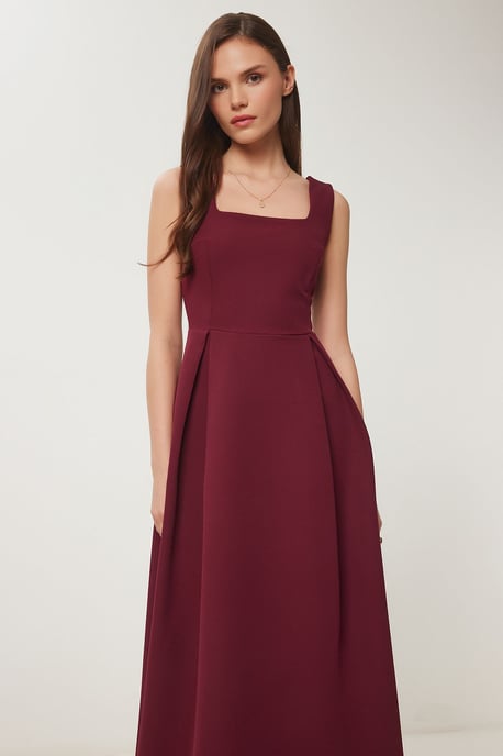 Square Collar A-Form Midi Dress with Zipper Closure - Image 2