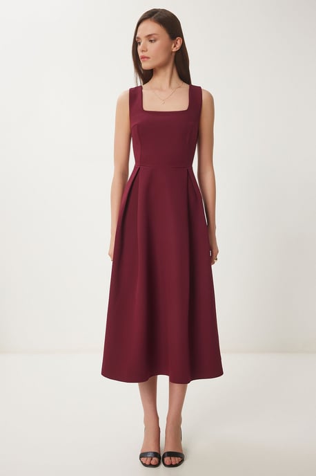 Square Collar A-Form Midi Dress with Zipper Closure - Image 3
