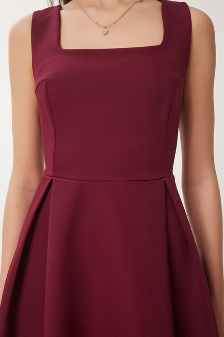 Square Collar A-Form Midi Dress with Zipper Closure - Image 4