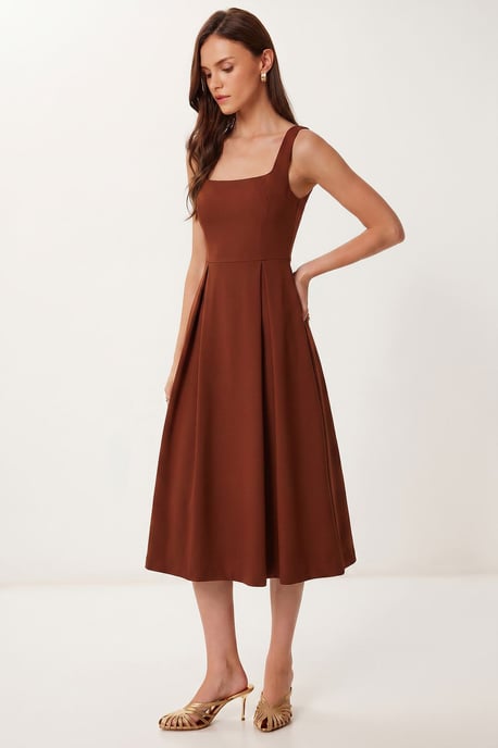 Square Collar A-Form Midi Dress with Zipper Closure - Image 2