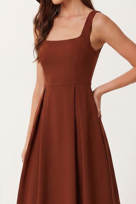 Square Collar A-Form Midi Dress with Zipper Closure - Image 3