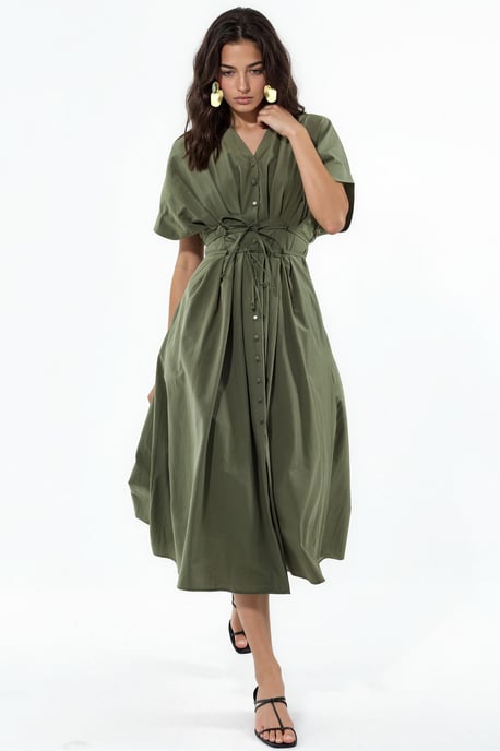 Casual V-Neck Midi Shirt Dress - Image 1