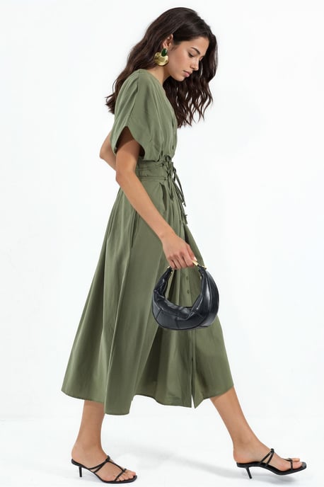 Casual V-Neck Midi Shirt Dress - Image 2