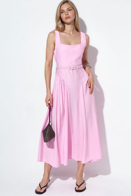 Square Collar Belted Midi Dress - Image 1