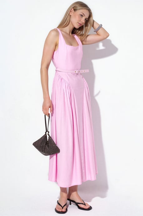 Square Collar Belted Midi Dress - Image 2