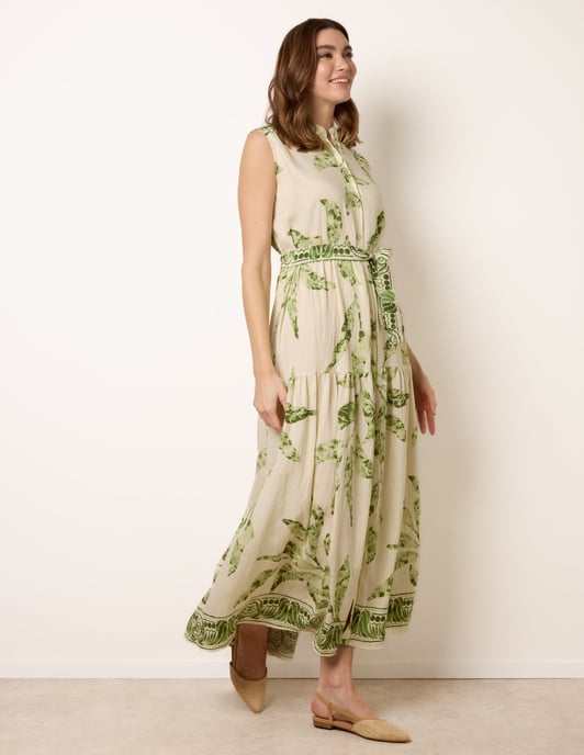 Leaf Print Collarless Shirt Dress With Belted Waist - Image 1