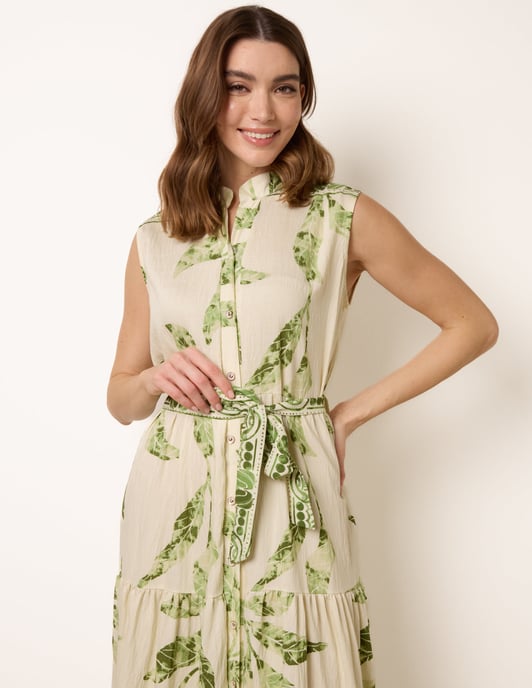 Leaf Print Collarless Shirt Dress With Belted Waist - Image 2