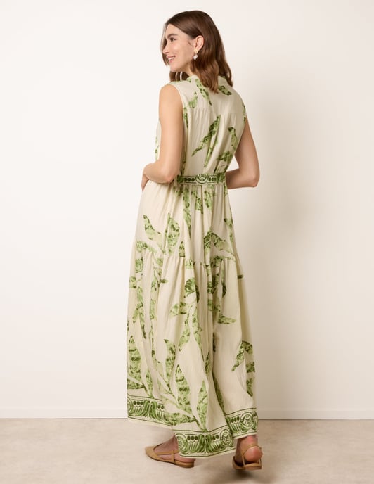 Leaf Print Collarless Shirt Dress With Belted Waist - Image 4