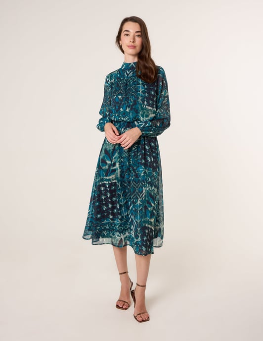 Watercolour Paisley Puffball High Neck Midi Dress - Image 1