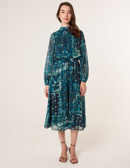 Watercolour Paisley Puffball High Neck Midi Dress - Image 3