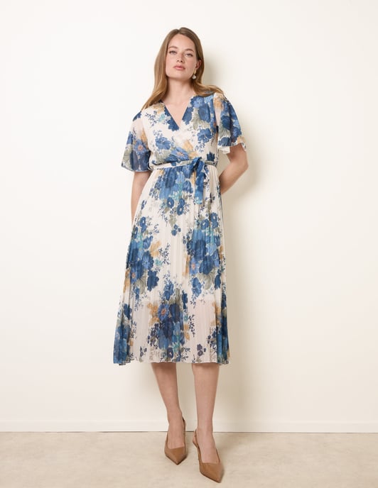 Crossover Pleated Print Dress - Image 1