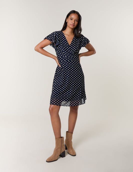 Polka Dot Mesh Frill Sleeve Wrap Dress With Tie Waist - Image 1