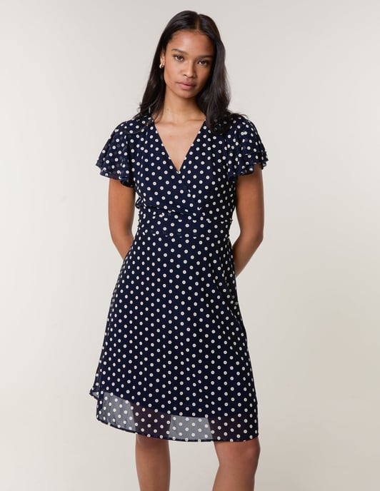 Polka Dot Mesh Frill Sleeve Wrap Dress With Tie Waist - Image 2