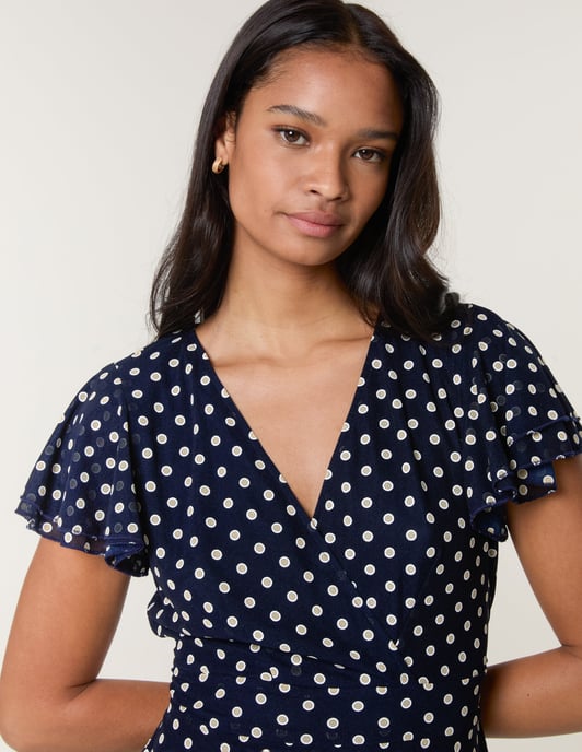 Polka Dot Mesh Frill Sleeve Wrap Dress With Tie Waist - Image 3