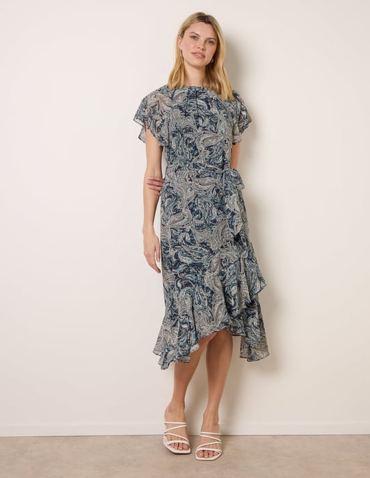 Paisley Print Angel Sleeve Asymmetric Midi Dress - Image 1