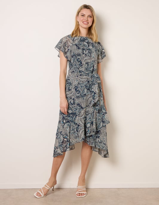 Paisley Print Angel Sleeve Asymmetric Midi Dress - Image 3