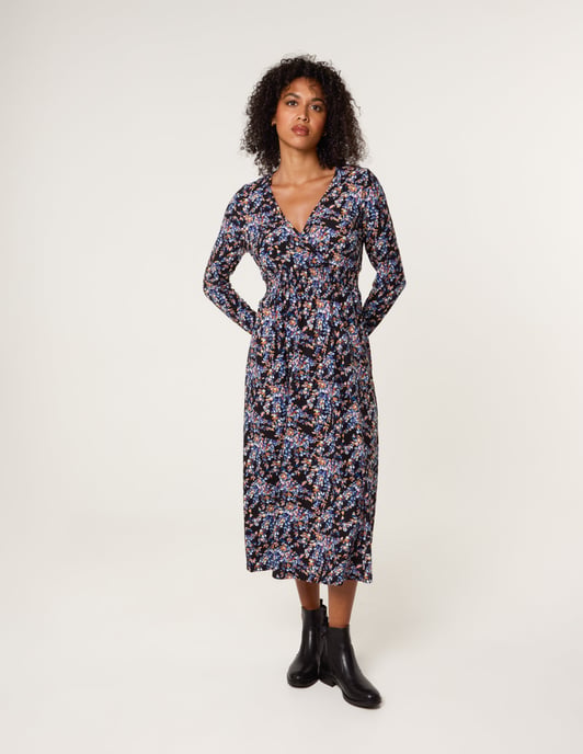 Floral V Neck Wrap Long Sleeve Midi Dress - Image 1