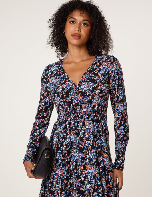 Floral V Neck Wrap Long Sleeve Midi Dress - Image 2