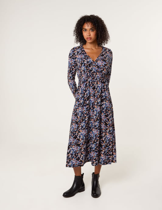 Floral V Neck Wrap Long Sleeve Midi Dress - Image 3
