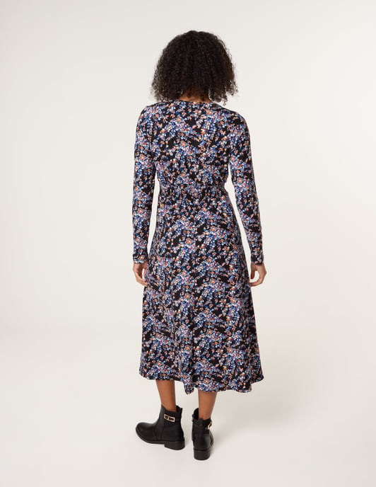 Floral V Neck Wrap Long Sleeve Midi Dress - Image 4