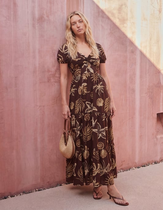 Shell Knot Front Puff Sleeve Midi Dress - Image 1
