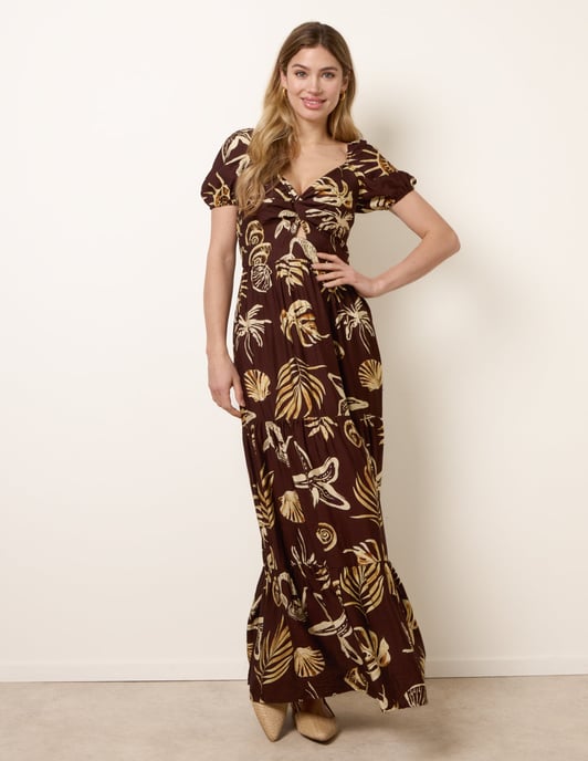 Shell Knot Front Puff Sleeve Midi Dress - Image 2