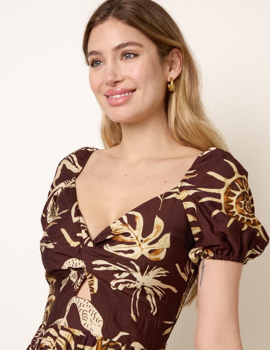 Shell Knot Front Puff Sleeve Midi Dress - Image 3