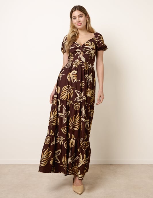 Shell Knot Front Puff Sleeve Midi Dress - Image 4