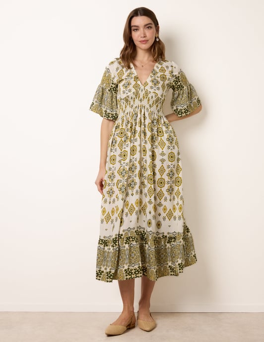 V Neck Border Print Dress - Image 1