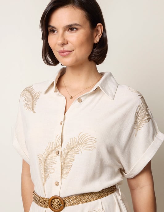 Linen Belted Dress With Feather Embroidery - Image 2