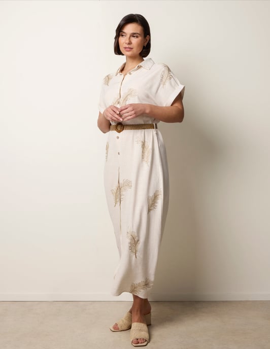 Linen Belted Dress With Feather Embroidery - Image 3