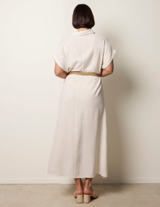 Linen Belted Dress With Feather Embroidery - Image 4