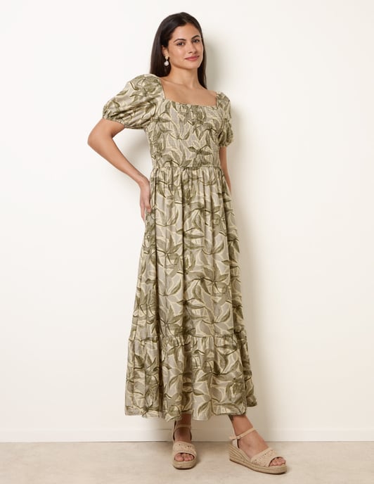 Large Floral Printed Square Neck Puff Sleeve Dress - Image 1
