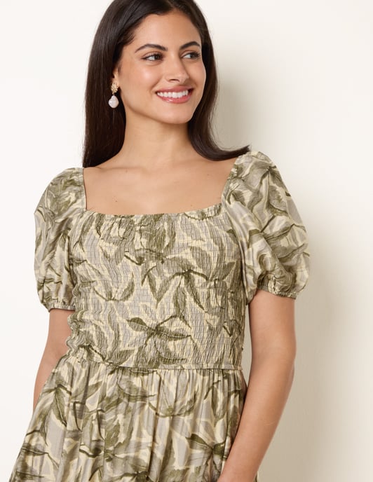 Large Floral Printed Square Neck Puff Sleeve Dress - Image 2