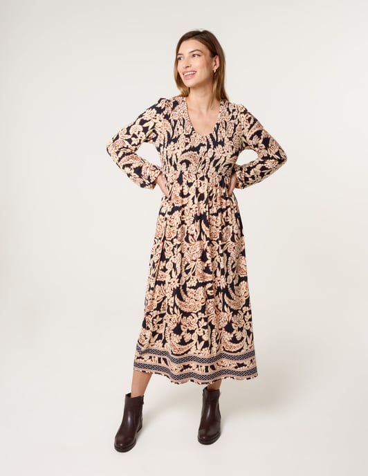 V Neck Shirred Border Print Midi Dress - Image 1