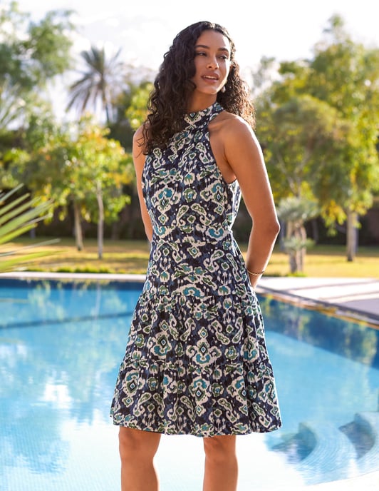 Tiered Halter Neck Aztec Belted Mini Dress - Image 1
