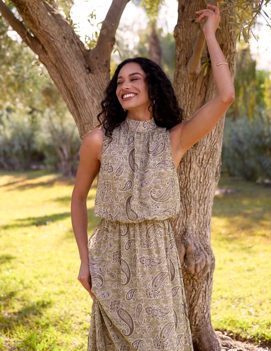 Paisley Print Rhinestone High Neck Midi Dress - Image 1