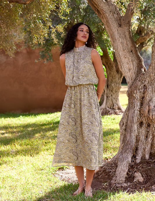 Paisley Print Rhinestone High Neck Midi Dress - Image 2