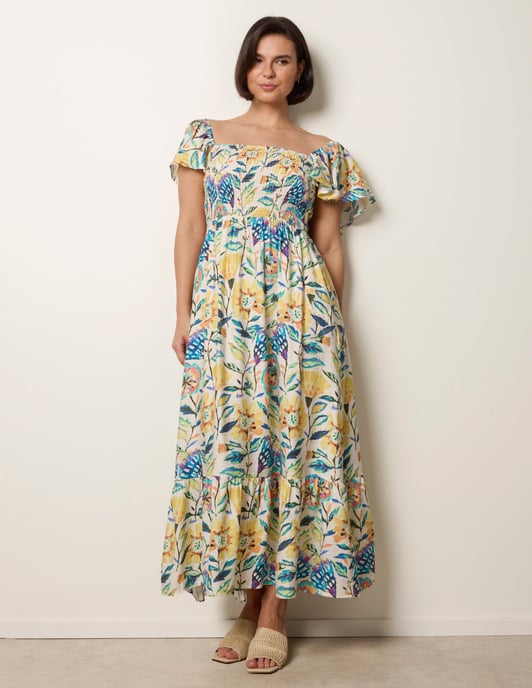 Frill Sleeveless Tropical Floral Print Dress - Image 1