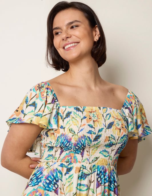 Frill Sleeveless Tropical Floral Print Dress - Image 2