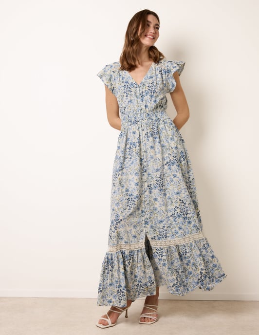 Ditsy Floral Print Shirred Waist Button Front Maxi Dress - Image 1