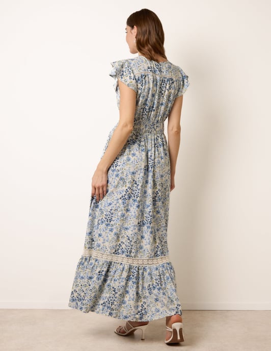 Ditsy Floral Print Shirred Waist Button Front Maxi Dress - Image 4