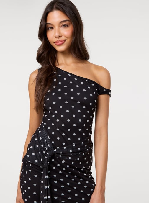 Polka Dot Tie Side Mesh Bodycon Dress - Image 3