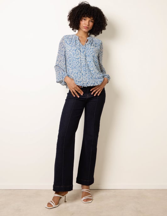 Grandad Tie Neck Puff Hem Watercolour Blouse - Image 2