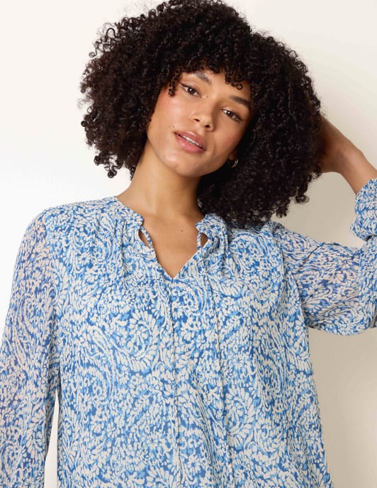 Grandad Tie Neck Puff Hem Watercolour Blouse - Image 3