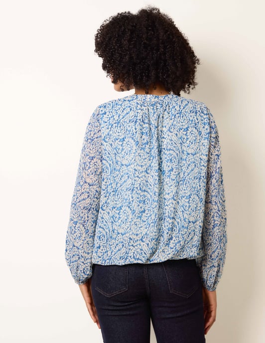 Grandad Tie Neck Puff Hem Watercolour Blouse - Image 4