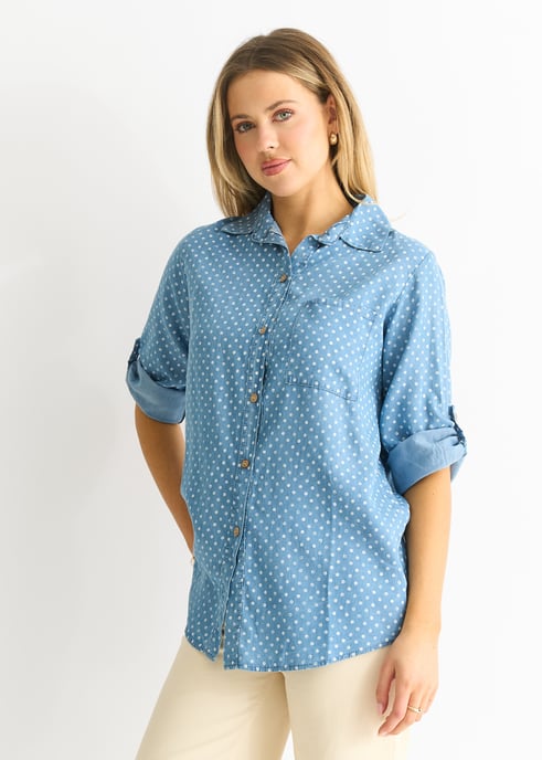 Blue Denim Look Spot Print Shirt - Image 2